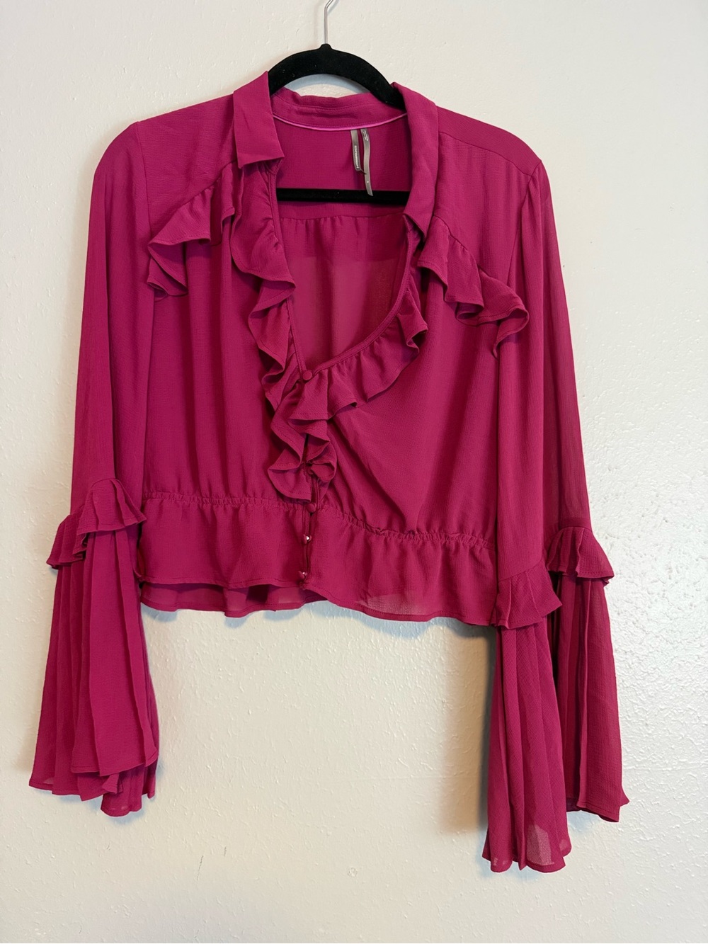 Anthropologie Fuchsia Ruffle Bell Sleeve Blouse Size L